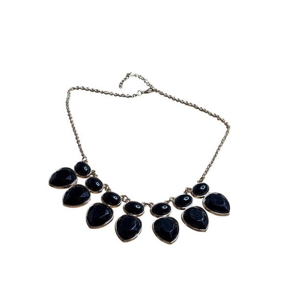Goldtone Statement Necklace Black Teardrop Acrylic Rhinestones 17-19 inches Long - Picture 1 of 3